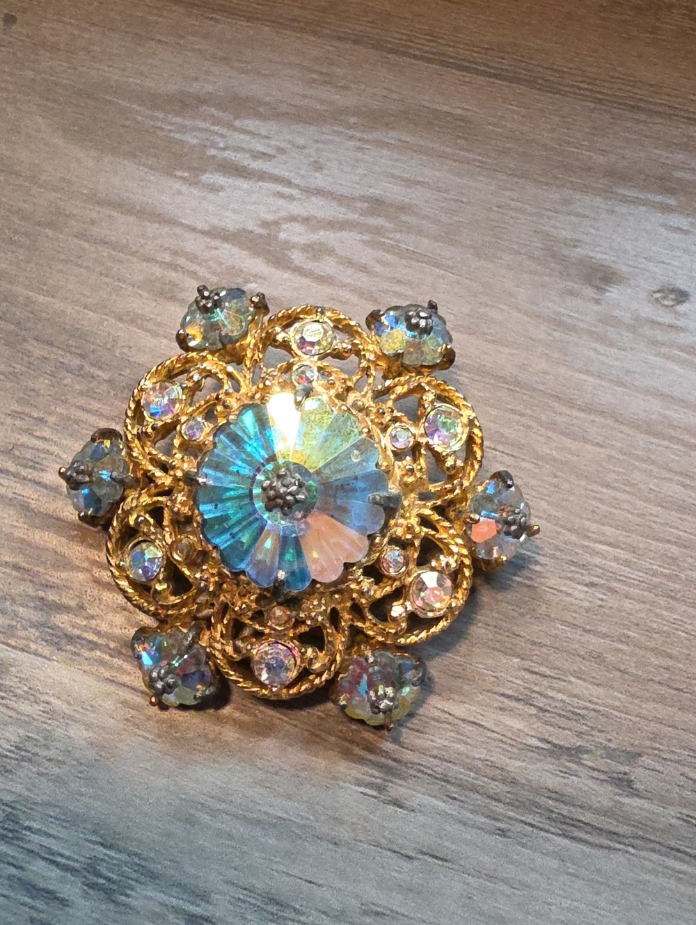 Gold-Tone Aurora Borealis Floral Brooch - Blue Iridescent Crystal